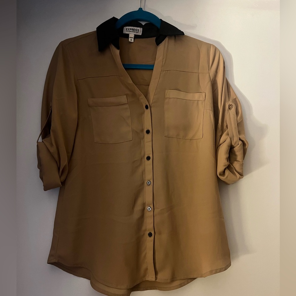 Express Tan and Black Button-Down Shirt